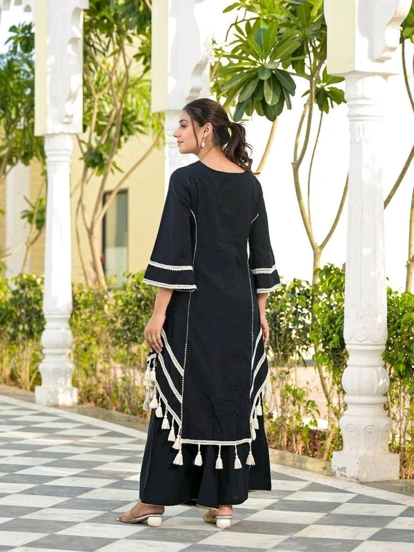Black Elegant Reyon Cotton Top & Plazo Set with Real Mirror Work and Fancy Lace Latkan
- L, Black