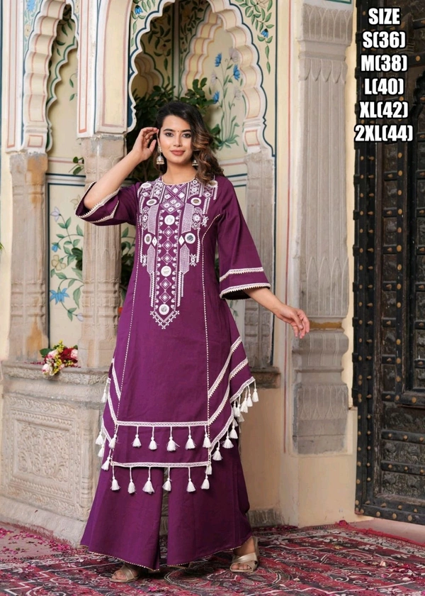 Black Elegant Reyon Cotton Top & Plazo Set with Real Mirror Work and Fancy Lace Latkan
- L, Wine