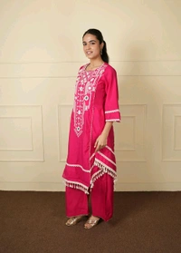 Black Elegant Reyon Cotton Top & Plazo Set with Real Mirror Work and Fancy Lace Latkan
- L, Pink