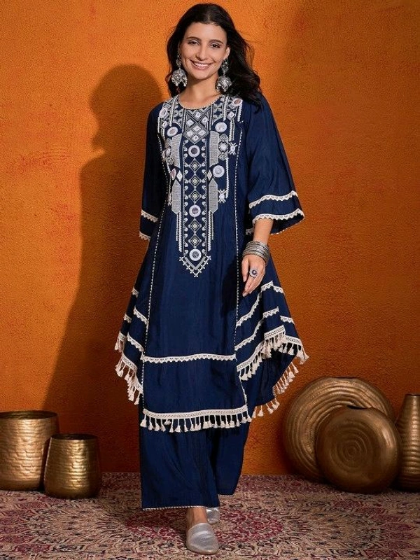 Black Elegant Reyon Cotton Top & Plazo Set with Real Mirror Work and Fancy Lace Latkan
- L, Blue