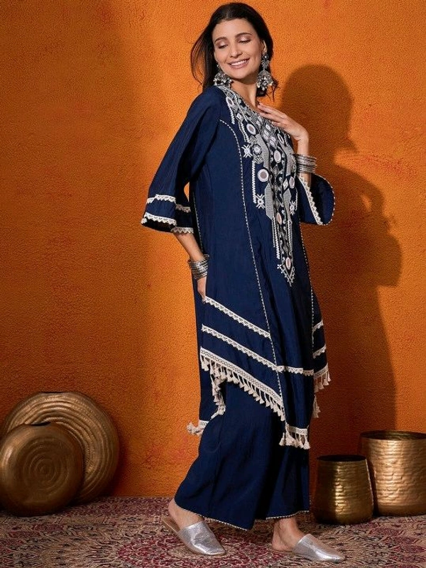 Black Elegant Reyon Cotton Top & Plazo Set with Real Mirror Work and Fancy Lace Latkan
- L, Blue