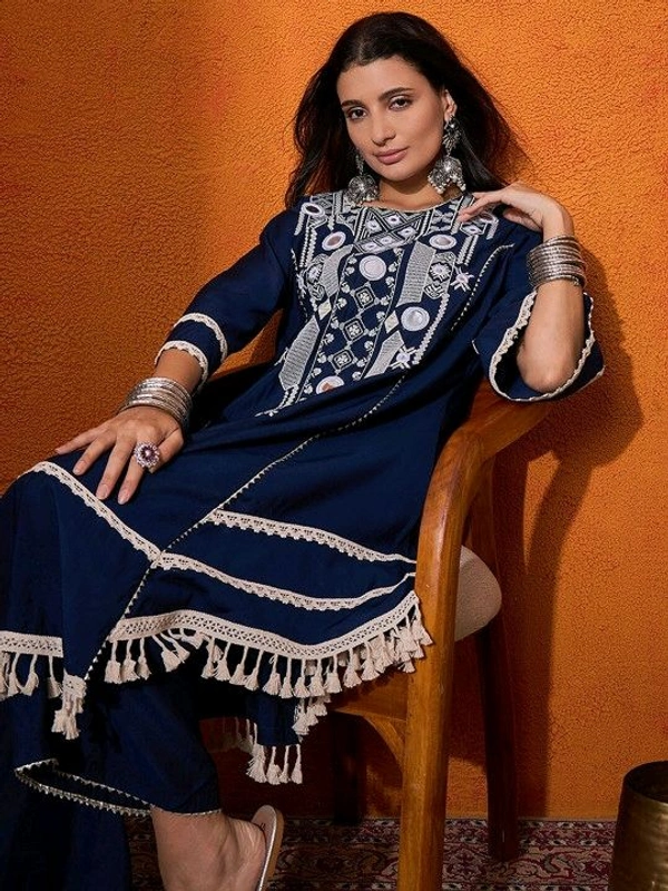 Black Elegant Reyon Cotton Top & Plazo Set with Real Mirror Work and Fancy Lace Latkan
- L, Blue