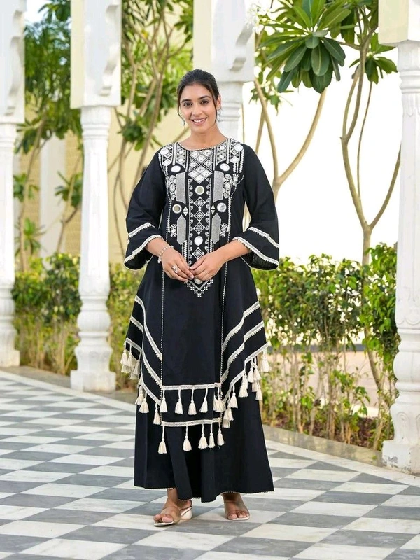 Black Elegant Reyon Cotton Top & Plazo Set with Real Mirror Work and Fancy Lace Latkan
- M, Black