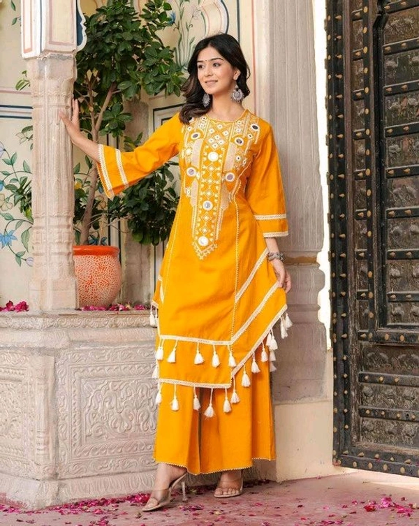 Black Elegant Reyon Cotton Top & Plazo Set with Real Mirror Work and Fancy Lace Latkan
- M, Yellow