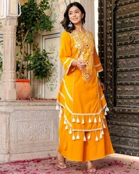 Black Elegant Reyon Cotton Top & Plazo Set with Real Mirror Work and Fancy Lace Latkan
- M, Yellow