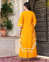Black Elegant Reyon Cotton Top & Plazo Set with Real Mirror Work and Fancy Lace Latkan
- M, Yellow