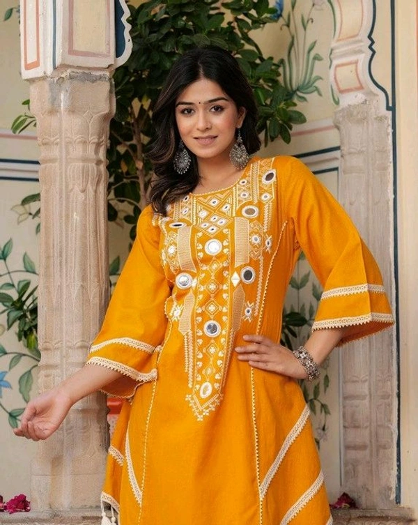 Black Elegant Reyon Cotton Top & Plazo Set with Real Mirror Work and Fancy Lace Latkan
- M, Yellow