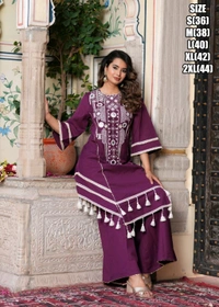 Black Elegant Reyon Cotton Top & Plazo Set with Real Mirror Work and Fancy Lace Latkan
- M, Wine
