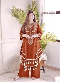 Black Elegant Reyon Cotton Top & Plazo Set with Real Mirror Work and Fancy Lace Latkan
- M, Rust
