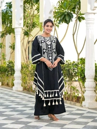 Black Elegant Reyon Cotton Top & Plazo Set with Real Mirror Work and Fancy Lace Latkan
- S, Black
