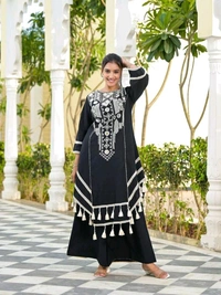 Black Elegant Reyon Cotton Top & Plazo Set with Real Mirror Work and Fancy Lace Latkan
- S, Black