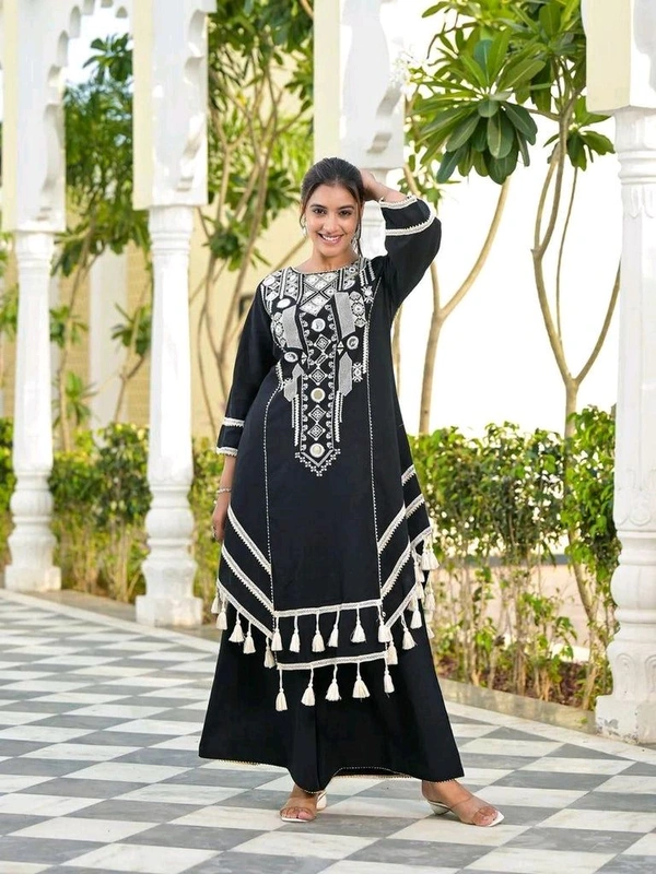 Black Elegant Reyon Cotton Top & Plazo Set with Real Mirror Work and Fancy Lace Latkan
- S, Black