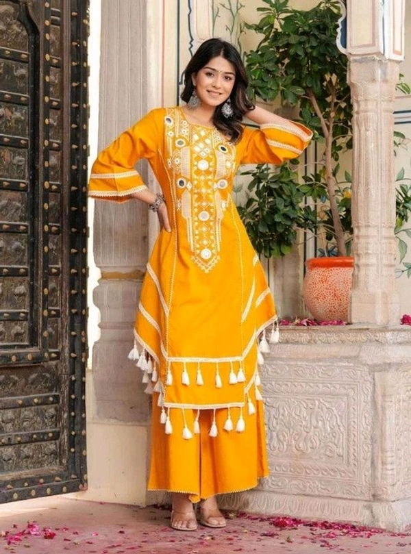 Black Elegant Reyon Cotton Top & Plazo Set with Real Mirror Work and Fancy Lace Latkan
- S, Yellow