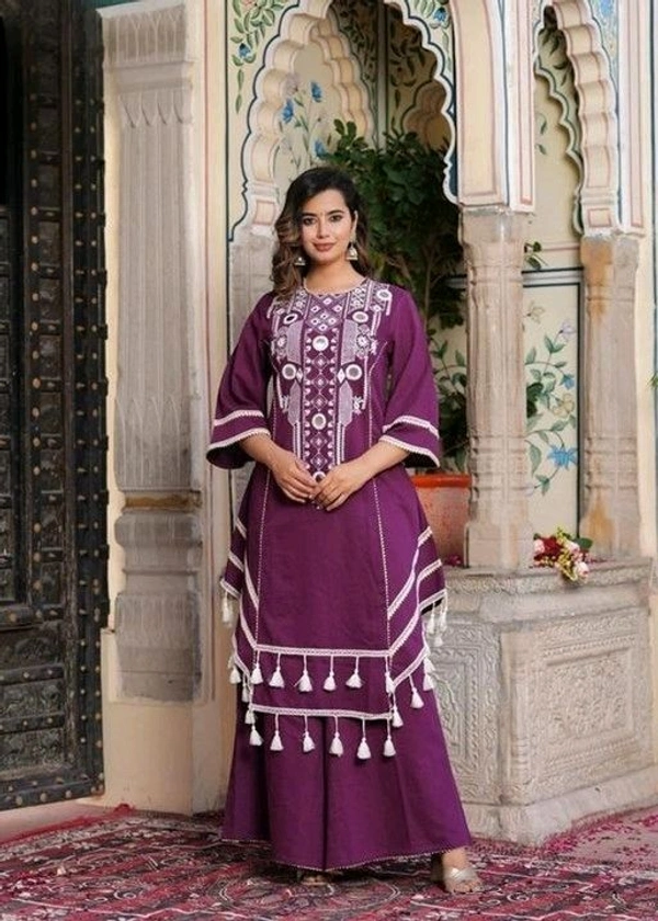 Black Elegant Reyon Cotton Top & Plazo Set with Real Mirror Work and Fancy Lace Latkan
- S, Wine