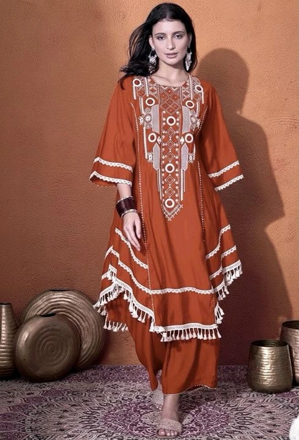 Black Elegant Reyon Cotton Top & Plazo Set with Real Mirror Work and Fancy Lace Latkan
- S, Rust