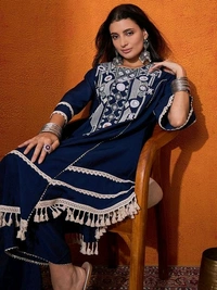 Black Elegant Reyon Cotton Top & Plazo Set with Real Mirror Work and Fancy Lace Latkan
- S, Blue