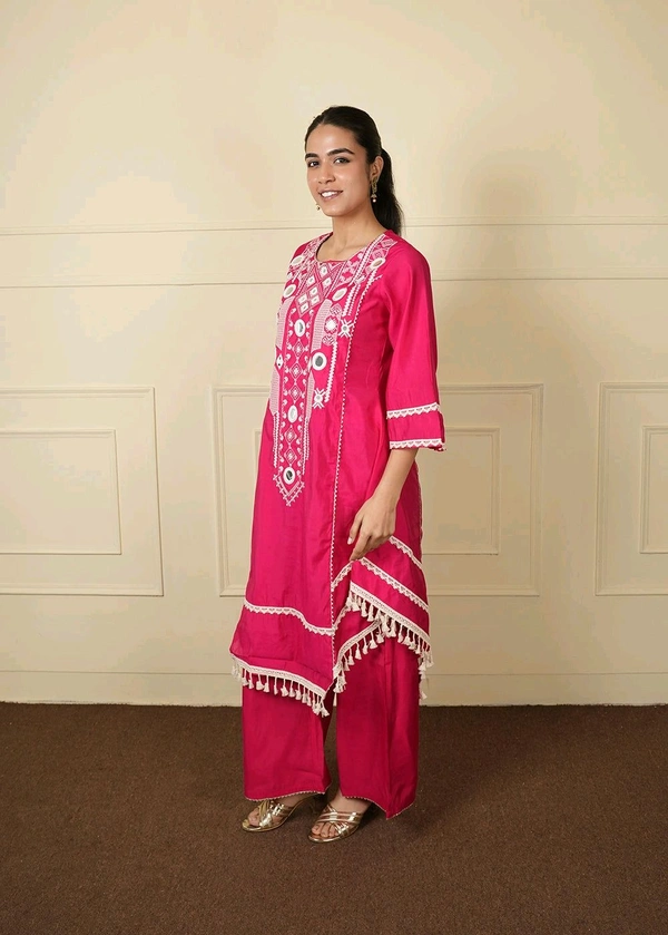 Black Elegant Reyon Cotton Top & Plazo Set with Real Mirror Work and Fancy Lace Latkan
- XL, Pink