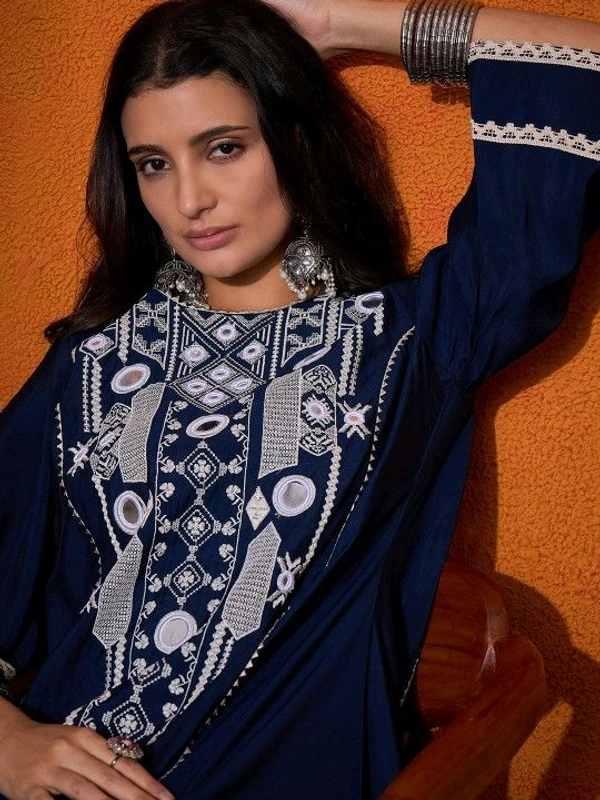 Black Elegant Reyon Cotton Top & Plazo Set with Real Mirror Work and Fancy Lace Latkan
- XXL, Blue