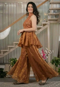 Women Regular Beads and Stones Top with Palazzos - L, Brown Rust