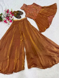Women Regular Beads and Stones Top with Palazzos - M, Brown Rust