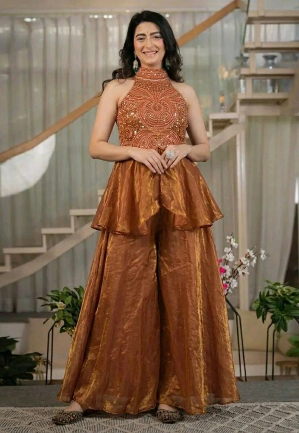 Women Regular Beads and Stones Top with Palazzos - XL, Brown Rust