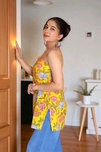 Floral Print Pure Cotton Straight Kurta for Women (Yellow - L, Lemon