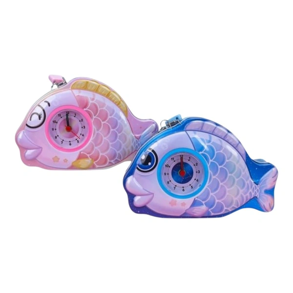 2 In 1 Metal Coin Box-Table Alarm Clock With Piggy Bank With Key & Lock - Blue