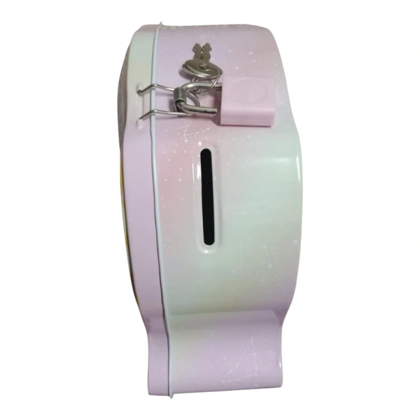 2 In 1 Metal Coin Box-Table Alarm Clock With Piggy Bank With Key & Lock - Pink Lace