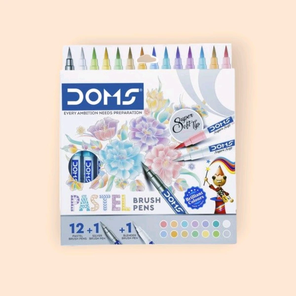 Doms Pastel Brush Pen 12 Shade With 1 Metallic Silver And 1 Blender Brush Pen