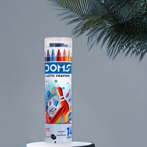 Doms Plastic Crayons Round Tin 14 Shades Include Gold & Silver Shades and 1 Eraser