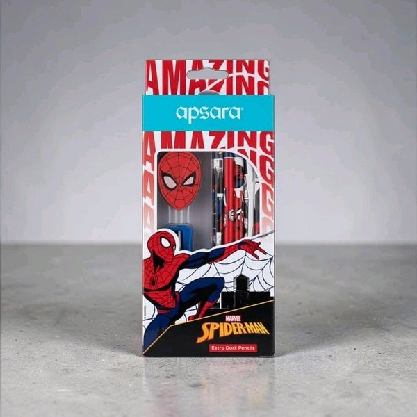 Apsara Marvel Spiderman Extra Dark Pencil| Pack Of 10| 1 Sharpener| 1 Eraser| 1 Pencil Topper