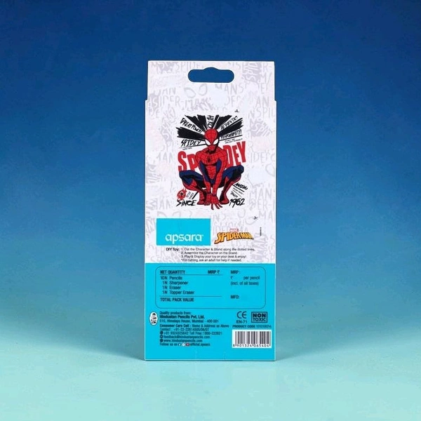 Apsara Marvel Spiderman Extra Dark Pencil| Pack Of 10| 1 Sharpener| 1 Eraser| 1 Pencil Topper