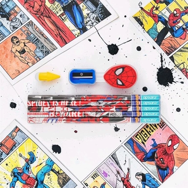 Apsara Marvel Spiderman Extra Dark Pencil| Pack Of 10| 1 Sharpener| 1 Eraser| 1 Pencil Topper