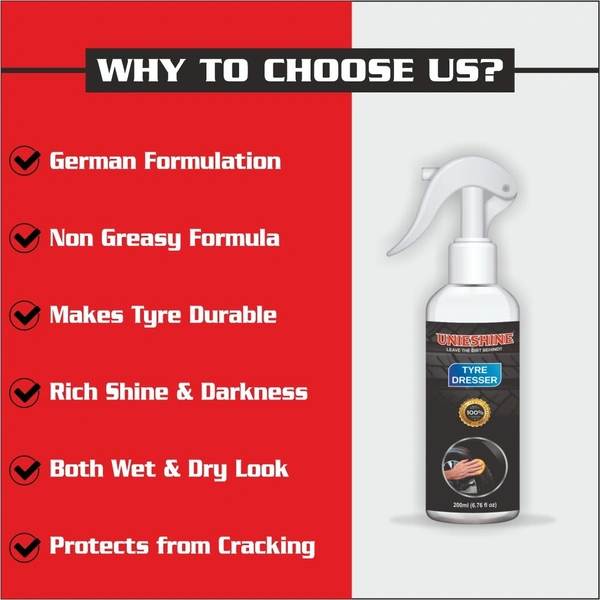 UNIESHINE 200ML Tyre Dresser Polish with Applicator Sponge – Long-Lasting Tire Shine & Protection