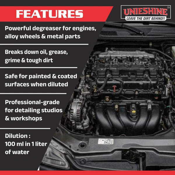 UNIESHINE Heavy Duty Perfect Degreaser 5L | 1:9 Dilution Multi-Purpose Engine & Wheel Cleaner | Professional Grease & Dirt Remover for Cars, Bikes & Commercial Vehicles | Wheel Rim & Iron Cleaner