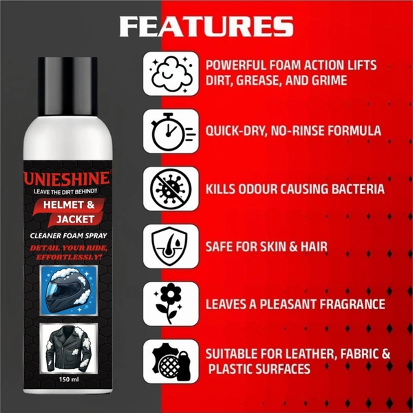 UNIESHINE Helmet & Jacket Cleaner Foam Spray 150ML | Quick-Dry No-Rinse Riding Gear Cleaner | Removes Dirt, Sweat & Odor | Safe for Leather, Fabric & Plastic