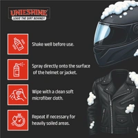 UNIESHINE Helmet & Jacket Cleaner Foam Spray 150ML | Quick-Dry No-Rinse Riding Gear Cleaner | Removes Dirt, Sweat & Odor | Safe for Leather, Fabric & Plastic