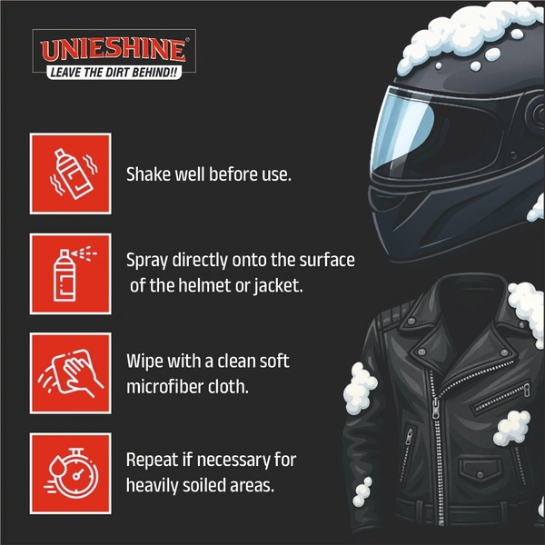 UNIESHINE Helmet & Jacket Cleaner Foam Spray 150ML | Quick-Dry No-Rinse Riding Gear Cleaner | Removes Dirt, Sweat & Odor | Safe for Leather, Fabric & Plastic