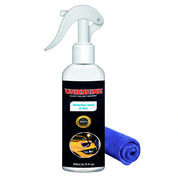 UNIESHINE 200ML Waterless Wash & Wax for Car & Bike with Microfiber Cloth – No Rinse Cleaning & Instant Shine
