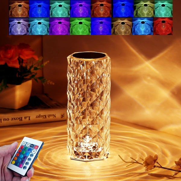 YOUR KART Crystal Rose Table Lamp 16 Colour LED Night Lights for Room Decoration, Photography, Gift, Bedroom, usb Rechargable (With Remote)