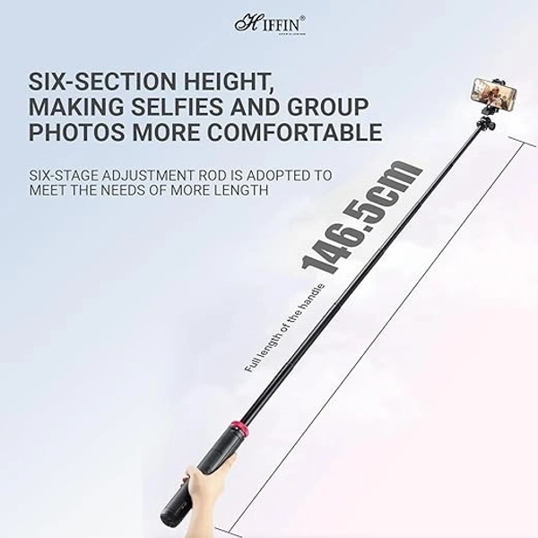 HIFFIN HTR-44 Extendable Phone Tripod with Bluetooth Button, 44" Selfie Stick Tripod Stand with 2 in 1 Phone Clip, 360° Ball Head Camera Tripod for Smartphones and Cameras, Lightweight for Travel