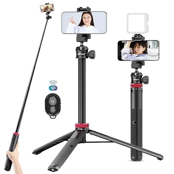 HIFFIN HTR-44 Extendable Phone Tripod with Bluetooth Button, 44" Selfie Stick Tripod Stand with 2 in 1 Phone Clip, 360° Ball Head Camera Tripod for Smartphones and Cameras, Lightweight for Travel