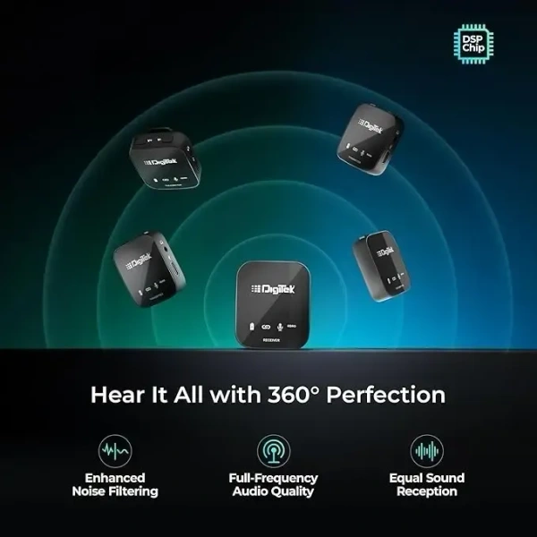 Digitek® (DWM-111 4 Channel Wireless Microphone System, 360° Ultra Voice Capture & 2.4GHz, Plug & Play, 50m Range, Noise Reduction, Use with DSLR, Smartphone & Laptops, for Podcast, Vlog & Videoshoot