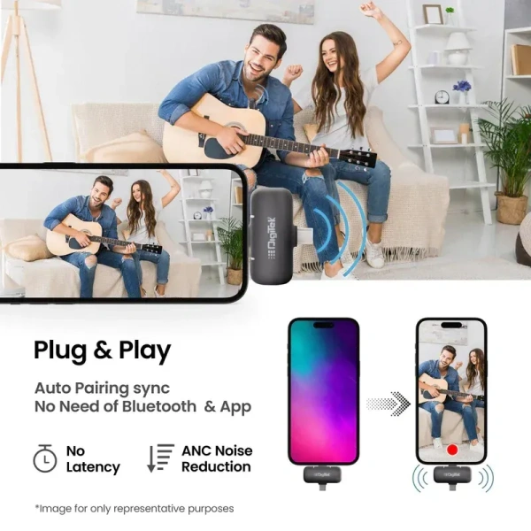 Digitek® (DWM-103 Wireless Microphone System with ANC Noise Reduction & 8Hrs Battery Life, 30m Range, High Fidelity, Dual Connector to Work with Android & iOS Devices for Seamless Audio Recordings