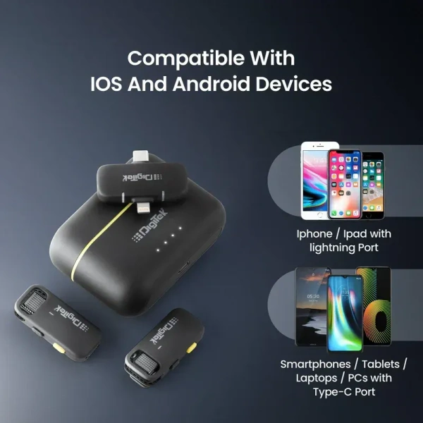 Digitek® (DWM-103 Wireless Microphone System with ANC Noise Reduction & 8Hrs Battery Life, 30m Range, High Fidelity, Dual Connector to Work with Android & iOS Devices for Seamless Audio Recordings