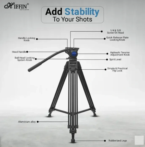 HIFFIN HTR-580 (160 Cm) Professional Heavy-Duty Tripod, with Adjustable Fluid Pan Head, for Digital Video Cameras, Max Operating Height: 160 Cm, Max Load Upto: 10 kgs (Black)