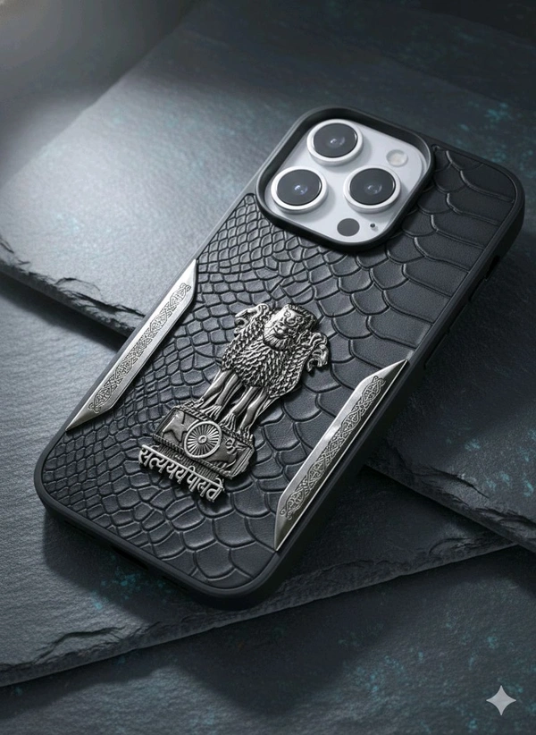 Generic Premium Ashoka Emblem Leather iPhone Cover | Luxury Royal Metal Case for iPhone X To 16 Series Models - I Phone 15 Pro