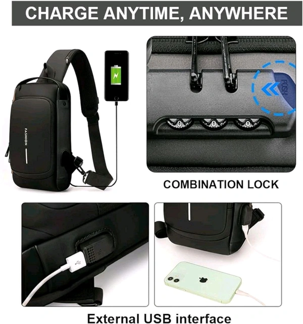 Anti Theft Crossbody Sling Bag ,Waterproof Chest Daypack With USB Charging, Black, One Size, Locomotive Style - Black
