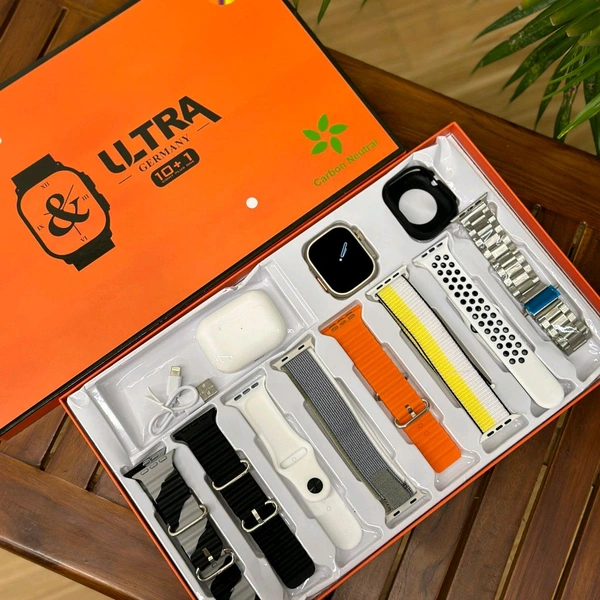 New Arrivals Ultra 10 In 1 Series 8 Ultra With Case, 8 Straps, Tws Pro 2. 8 Straps, Watch protectorr, Wireless Fast Charging Cable And Manual Book Included In Box