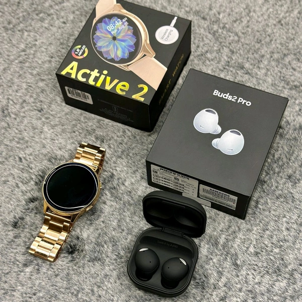 Most Awaited Budget Combo | Active 2 Amoled Display Smartwatch And Buds 2 Pro Best Quality Earphone - Gold/Black